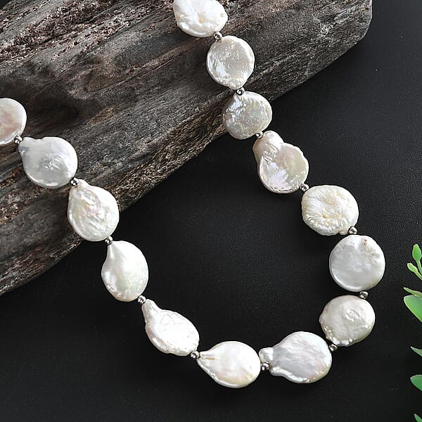 Shop Lc White Freshwater Pearl Fancy Necklace In Rhodium Over Sterling Silver 18 Inches