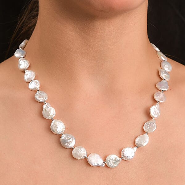 Shop Lc White Freshwater Pearl Fancy Necklace In Rhodium Over Sterling Silver 18 Inches