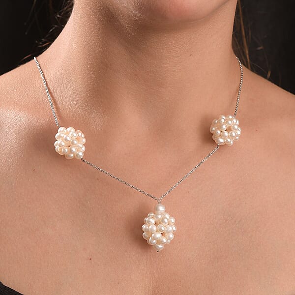 Shop Lc White Freshwater Pearl Necklace In Rhodium Over Sterling Silver 20 Inches