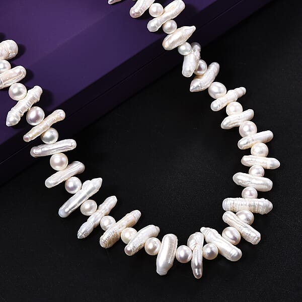 Shop Lc White Freshwater Pearl Necklace In Rhodium Over Sterling Silver 18 Inches