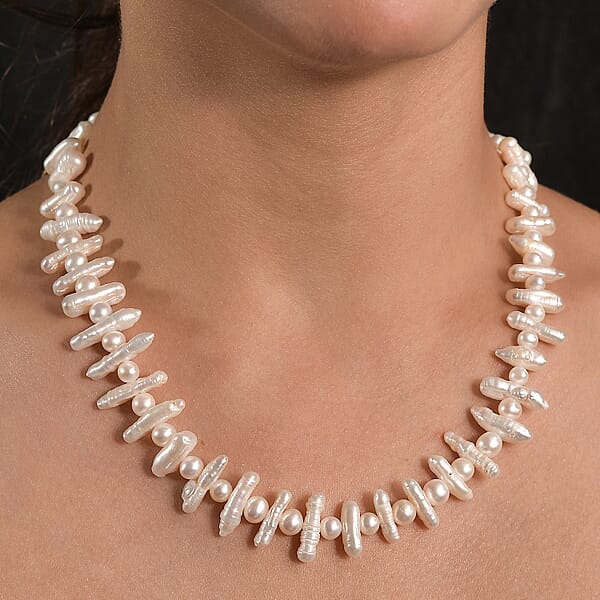 Shop Lc White Freshwater Pearl Necklace In Rhodium Over Sterling Silver 18 Inches