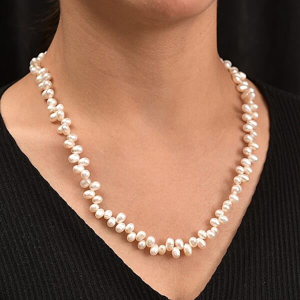 Shop Lc White Freshwater Pearl Oval Shape Bubble Necklace In Rhodium Over Sterling Silver 18 Inches