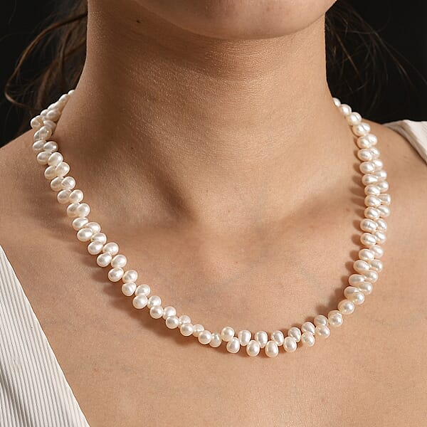 Shop Lc White Freshwater Pearl Oval Shape Dancing Bubbles Necklace In Rhodium Over Sterling Silver 18 Inches