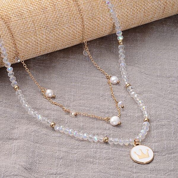 Shop Lc White Freshwater Pearl White Mystic Color Glass And Resin 2 Row Layered Necklace With Coin Charm 20.5 Inches In Goldtone