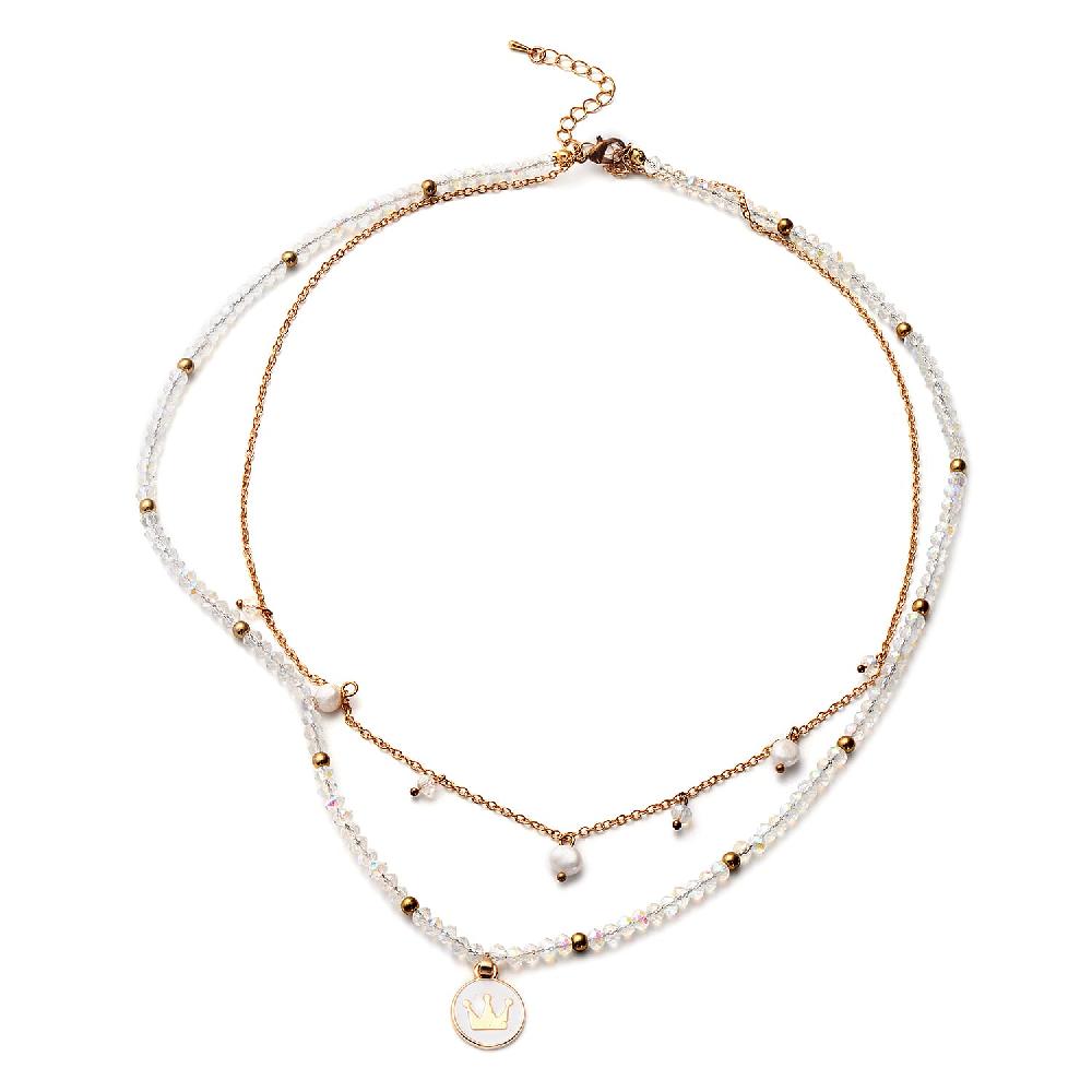 shop lc White Freshwater Pearl White Mystic Color Glass and Resin 2 Row Layered Necklace with Coin Charm 20.5 Inches in Goldtone