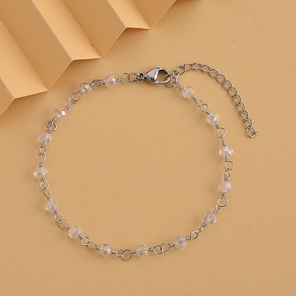 Shop Lc White Glass Beaded Station Bracelet In Stainless Steel (7.5-9Inches) Tarnish-Free Waterproof Sweat Proof Jewelry