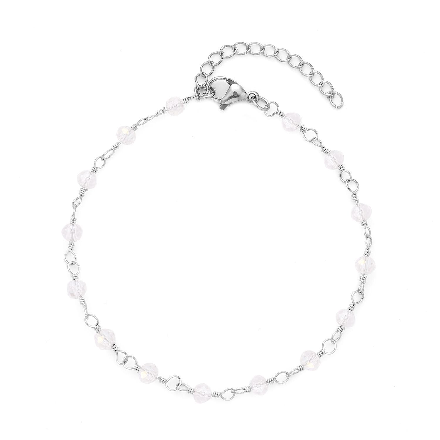 shop lc White Glass Beaded Station Bracelet in Stainless Steel (7.5-9Inches) Tarnish-Free Waterproof Sweat Proof Jewelry