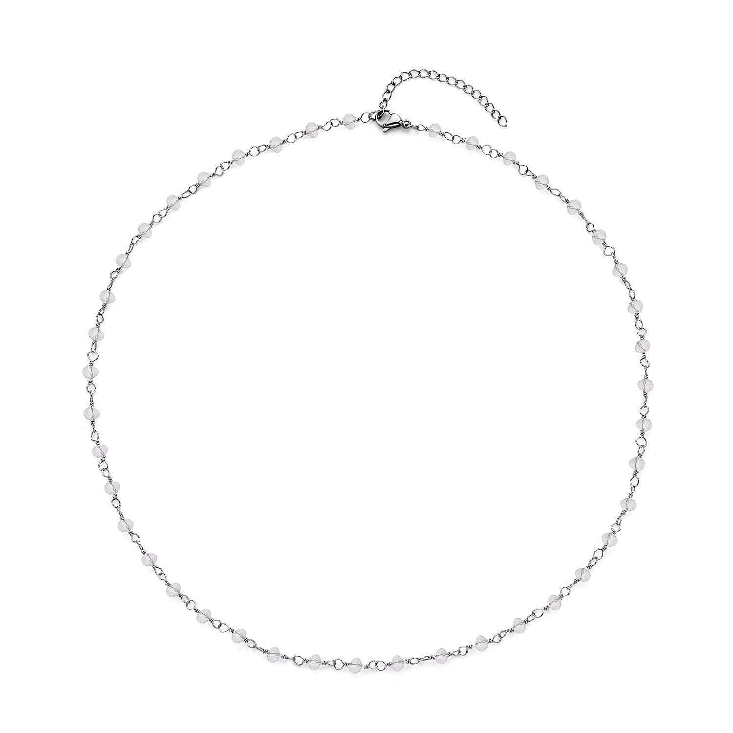 shop lc White Glass Beaded Station Necklace in Stainless Steel 20-22 Inches Tarnish-Free Waterproof Sweat Proof Jewelry