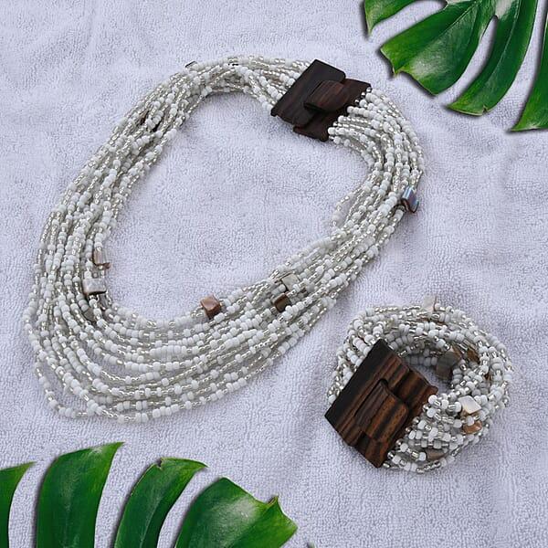 Shop Lc White Seed Beaded And Wooden Buckle Stretch Bracelet And Multi Strand Necklace 18 Inch