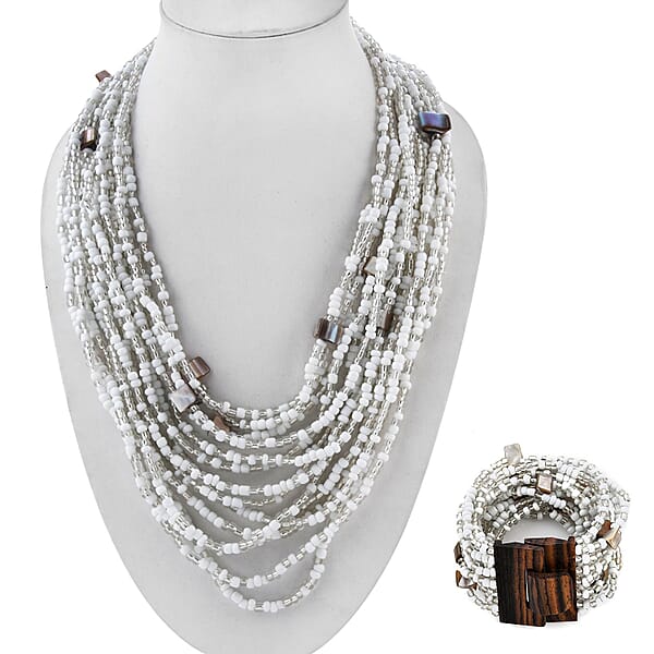 Shop Lc White Seed Beaded And Wooden Buckle Stretch Bracelet And Multi Strand Necklace 18 Inch