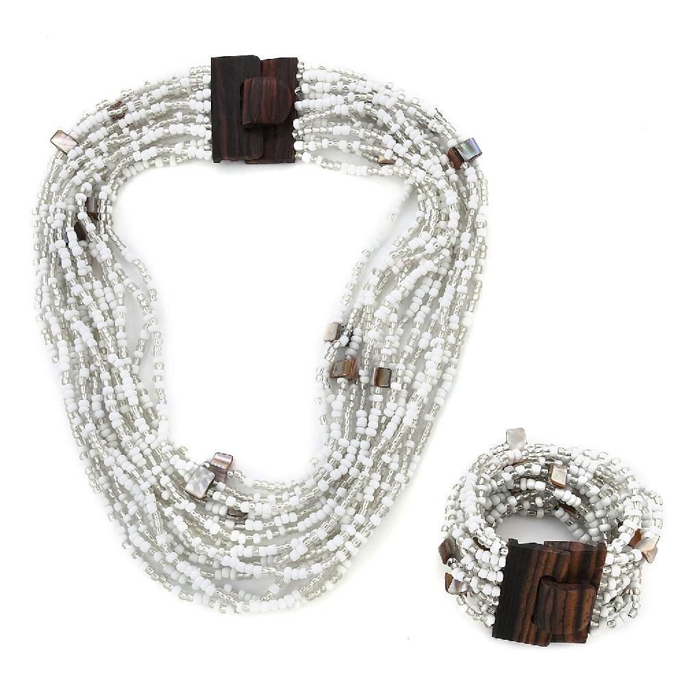 shop lc White Seed Beaded and Wooden Buckle Stretch Bracelet and Multi Strand Necklace 18 Inch
