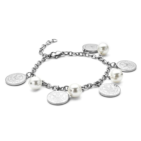 Shop Lc White Shell Pearl Coin Charm Bracelet In Stainless Steel (7.25 In) 1.00 Ctw