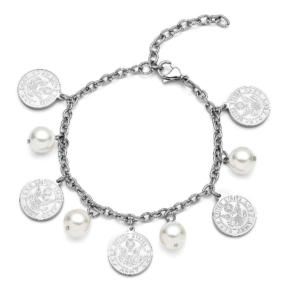 shop lc White Shell Pearl Coin Charm Bracelet in Stainless Steel (7.25 In) 1.00 ctw