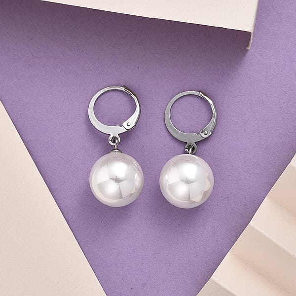 Shop Lc White Shell Pearl Dangling Earrings In Stainless Steel