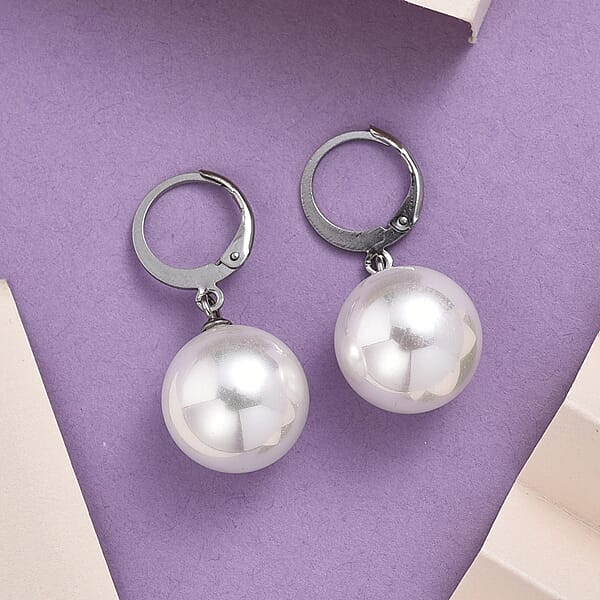 Shop Lc White Shell Pearl Dangling Earrings In Stainless Steel