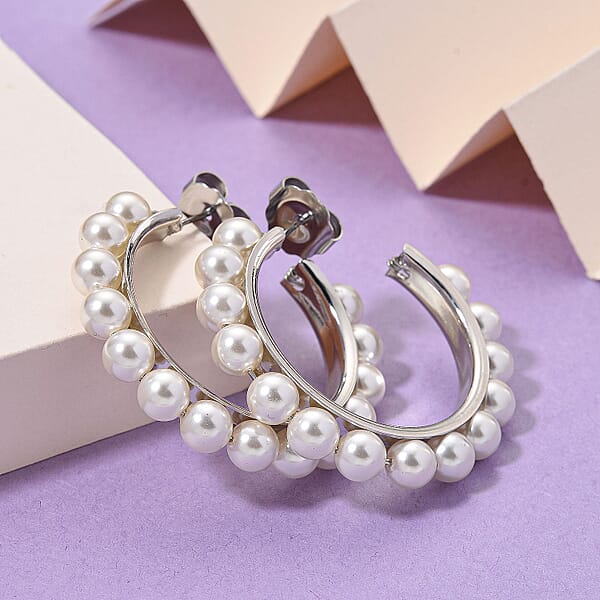 Shop Lc White Shell Pearl Hoop Earrings In Silvertone And Stainless Steel