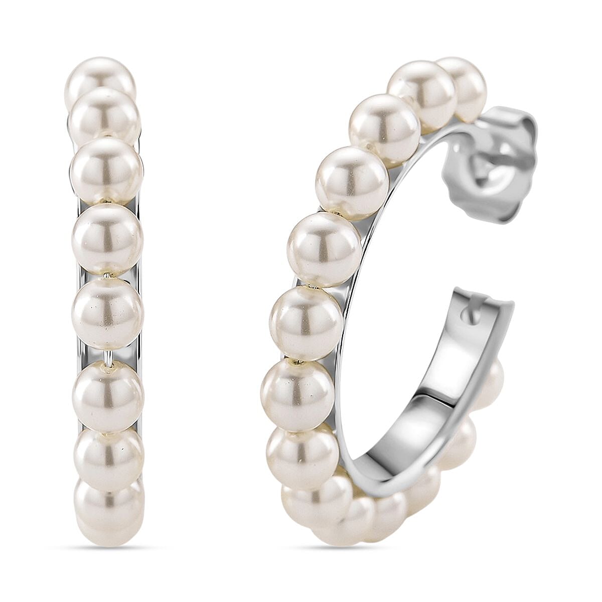 shop lc White Shell Pearl Hoop Earrings in Silvertone and Stainless Steel