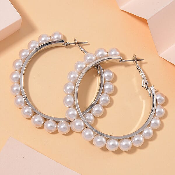Shop Lc White Shell Pearl Hoop Earrings In Stainless Steel