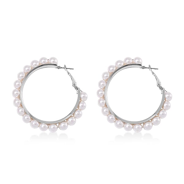 Shop Lc White Shell Pearl Hoop Earrings In Stainless Steel