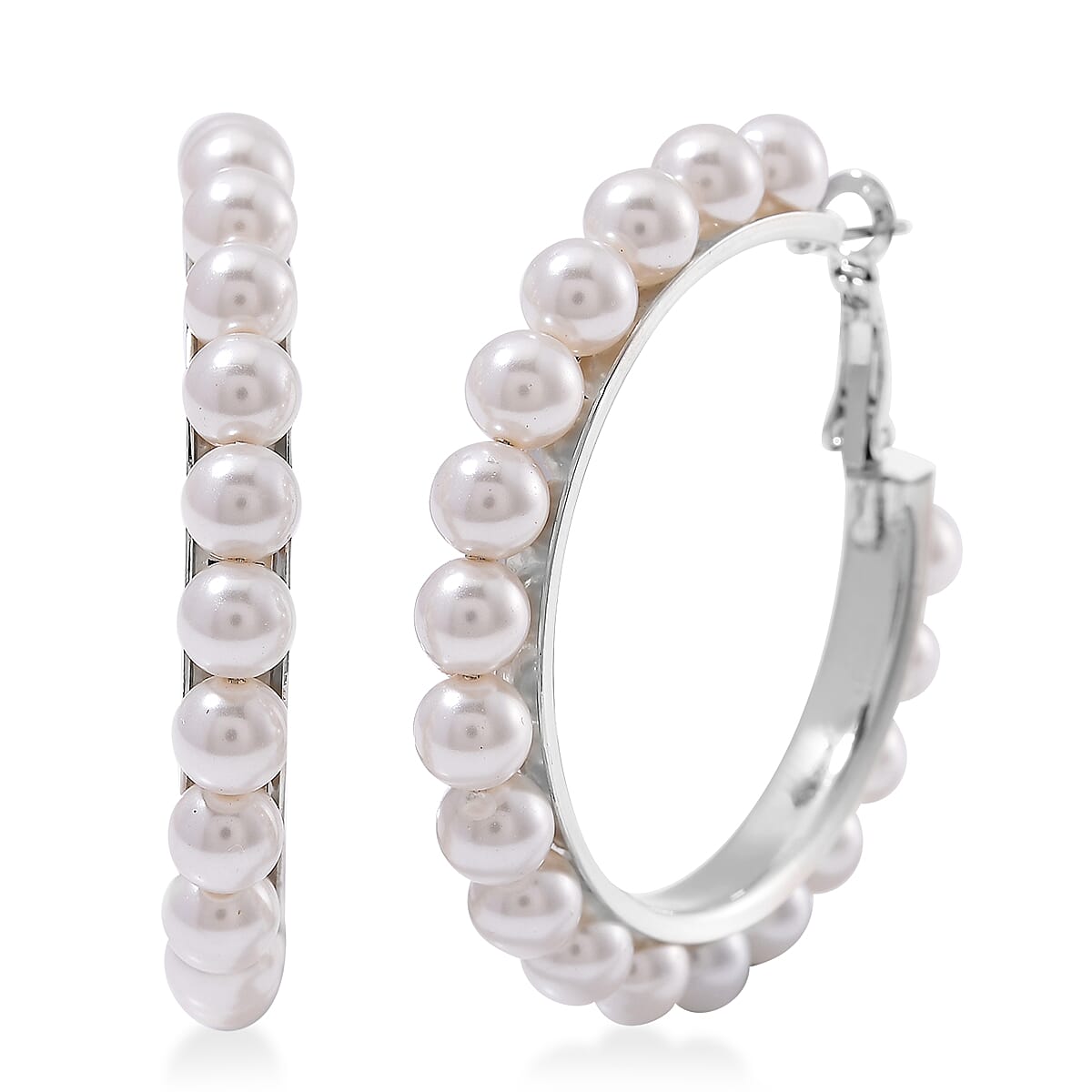 shop lc White Shell Pearl Hoop Earrings in Stainless Steel