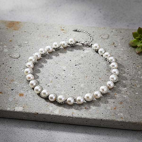 Shop Lc White Shell Pearl Twilight Waves Necklace In Stainless Steel 19.5-21.5 Inches