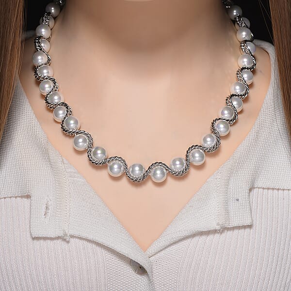 Shop Lc White Shell Pearl Twilight Waves Necklace In Stainless Steel 19.5-21.5 Inches
