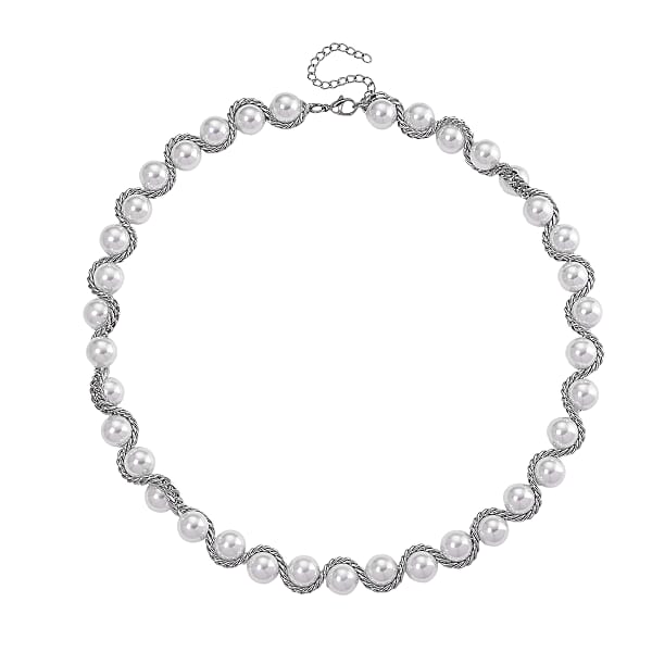 Shop Lc White Shell Pearl Twilight Waves Necklace In Stainless Steel 19.5-21.5 Inches