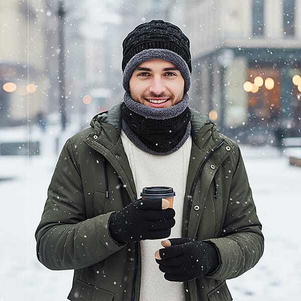 Shop Lc Winter Thick Fleece Lined Beanie Cap Hat Neck Warmer Scarf And Touch Screen Supported Mittens Gloves - Black (3pcs Set)