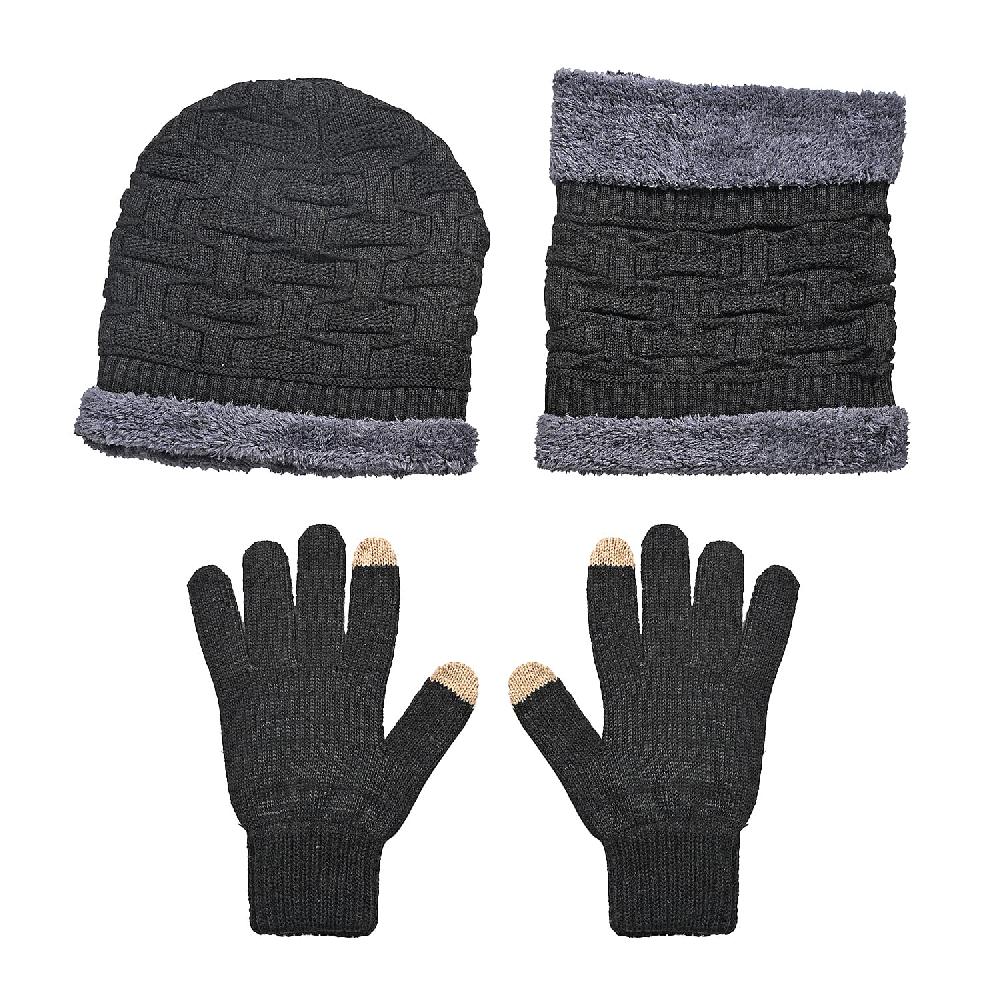 shop lc Winter Thick Fleece Lined Beanie Cap Hat Neck Warmer Scarf and Touch Screen Supported Mittens Gloves - Black (3pcs Set)