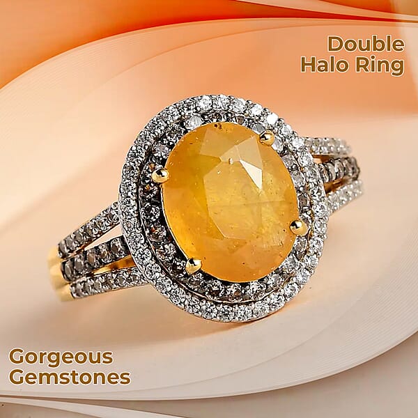 Shop Lc Yellow Sapphire Double Halo Ring In Vermeil Yellow Gold Over Sterling Silver White And Champagne Zircon Accent Ring Sapphire Jewelry Gift For Her 5.00 Ctw