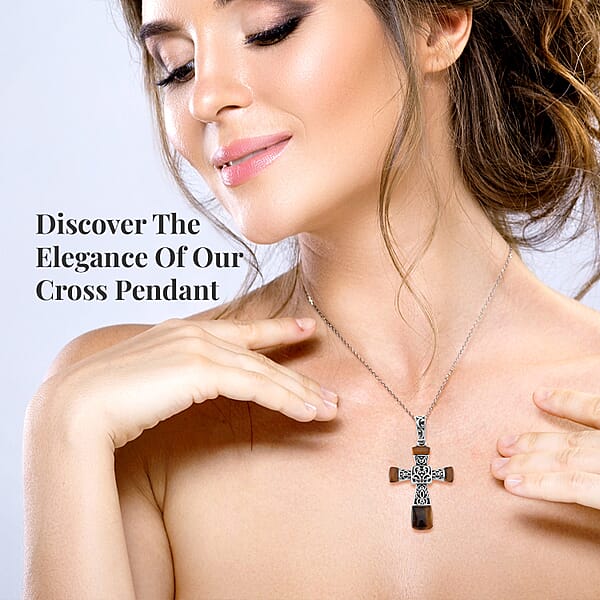 Shop Lc Yellow Tiger Eye 7.10 Ctw Inlay Cross Pendant Necklace In Stainless Steel 24 Inches