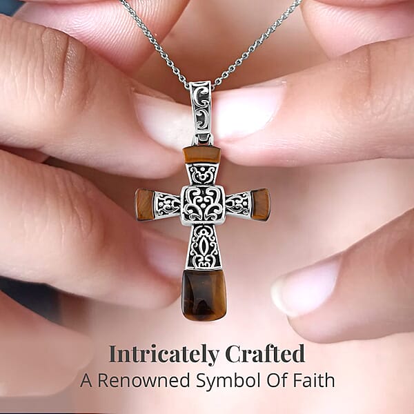 Shop Lc Yellow Tiger Eye 7.10 Ctw Inlay Cross Pendant Necklace In Stainless Steel 24 Inches