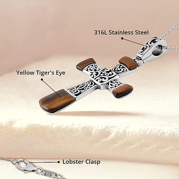 Shop Lc Yellow Tiger Eye 7.10 Ctw Inlay Cross Pendant Necklace In Stainless Steel 24 Inches