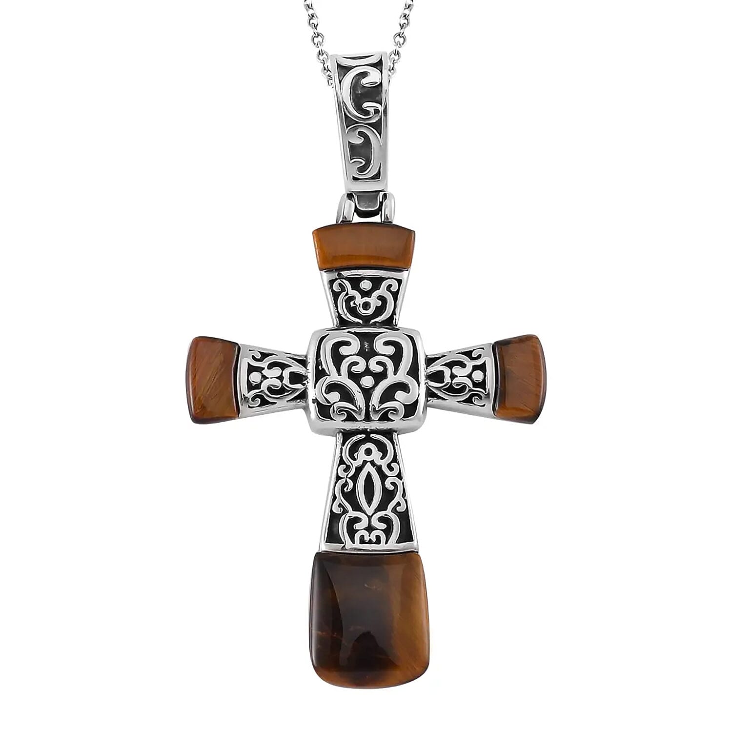 shop lc Yellow Tiger Eye 7.10 ctw Inlay Cross Pendant Necklace in Stainless Steel 24 Inches