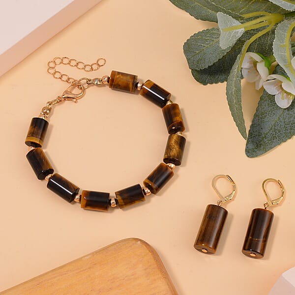 Shop Lc Yellow Tiger's Eye 136.40 Ctw Bracelet (7.00-9.00In) And Lever Back Earrings In Rosetone