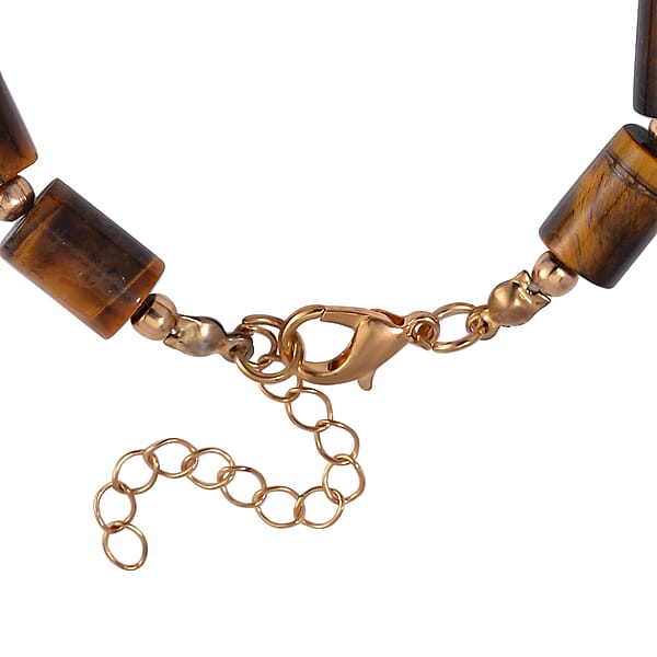 Shop Lc Yellow Tiger's Eye 136.40 Ctw Bracelet (7.00-9.00In) And Lever Back Earrings In Rosetone