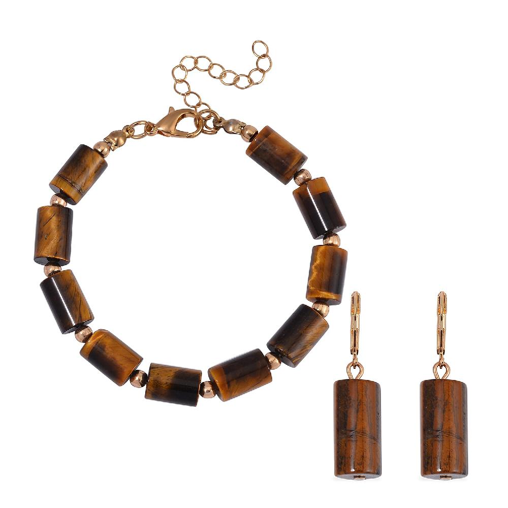 shop lc Yellow Tiger's Eye 136.40 ctw Bracelet (7.00-9.00In) and Lever Back Earrings in Rosetone