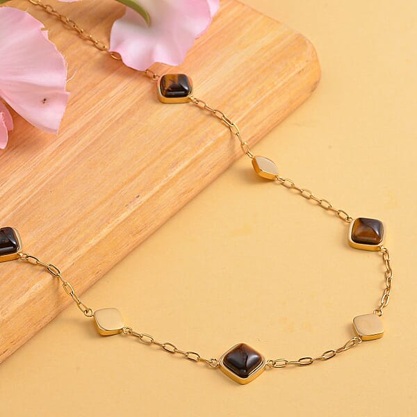 Shop Lc Yellow Tiger's Eye 32.00 Ctw Paper Clip Chain Station Necklace In ION Plated YG Stainless Steel 20-22 Inches Tarnish-Free Waterproof Sweat Proof Jewelry