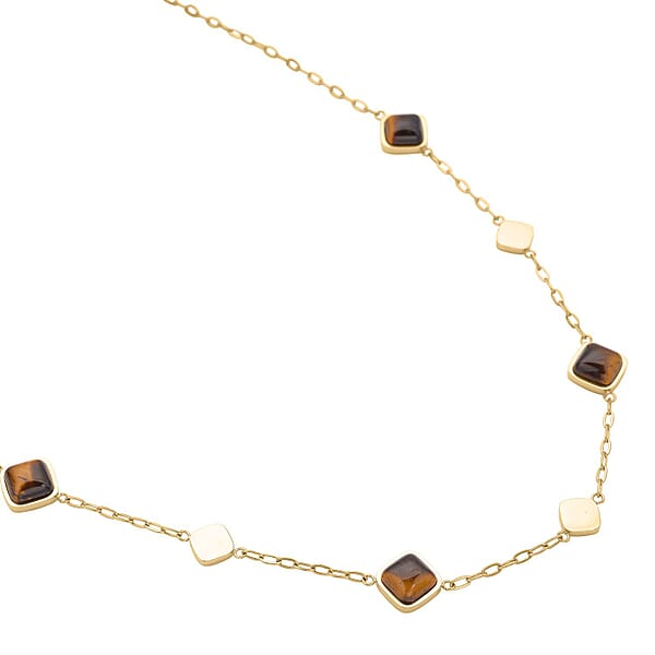 Shop Lc Yellow Tiger's Eye 32.00 Ctw Paper Clip Chain Station Necklace In ION Plated YG Stainless Steel 20-22 Inches Tarnish-Free Waterproof Sweat Proof Jewelry