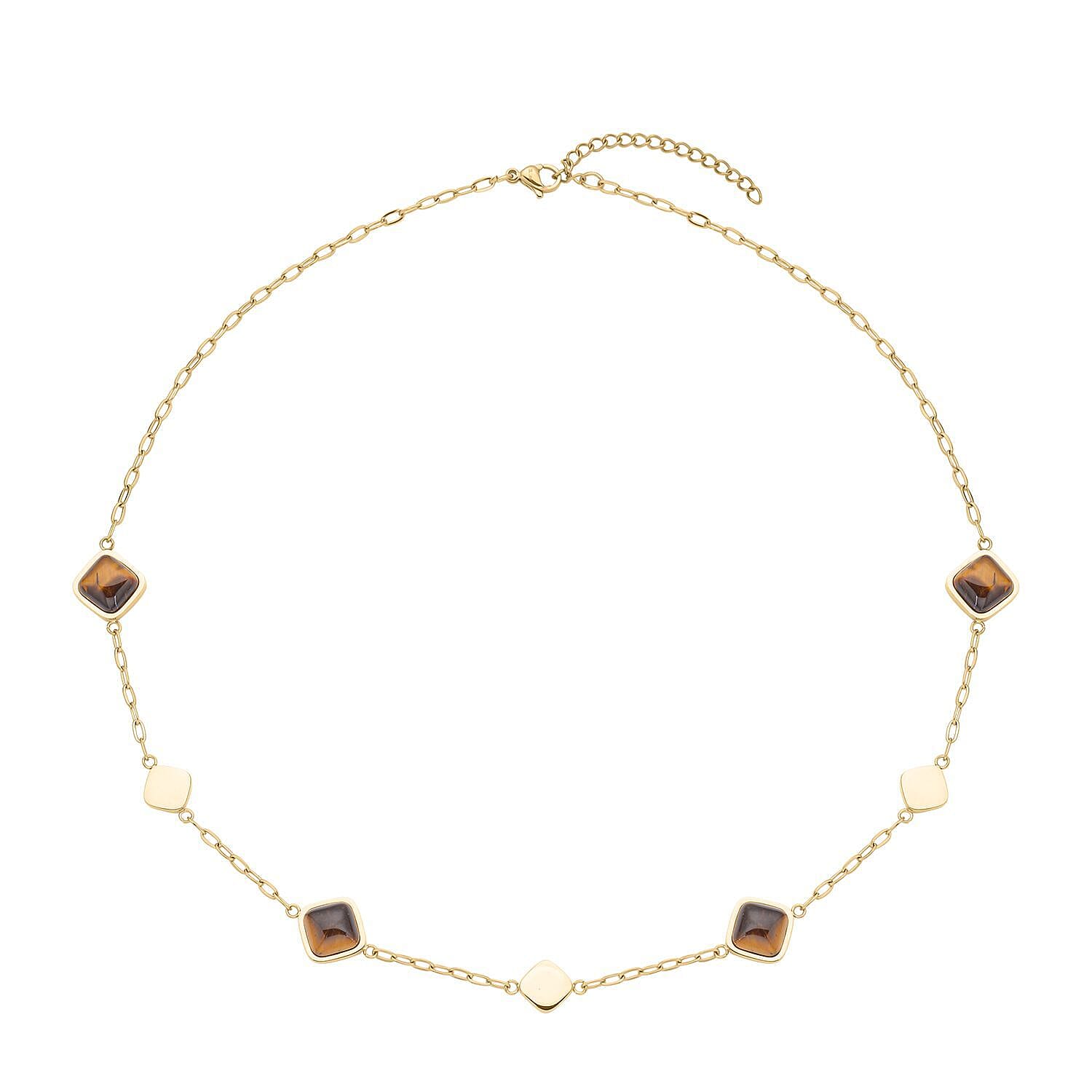 shop lc Yellow Tiger's Eye 32.00 ctw Paper Clip Chain Station Necklace in ION Plated YG Stainless Steel 20-22 Inches Tarnish-Free Waterproof Sweat Proof Jewelry