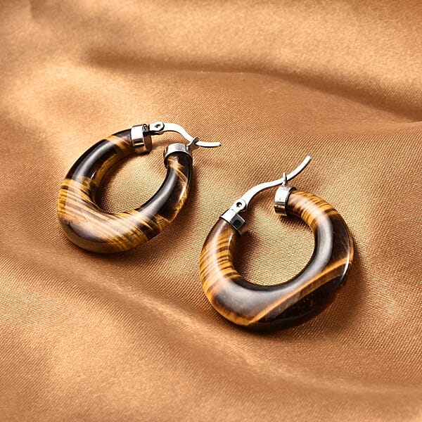 Shop Lc Yellow Tiger's Eye 47.00 Ctw Hoop Earrings In Stainless Steel