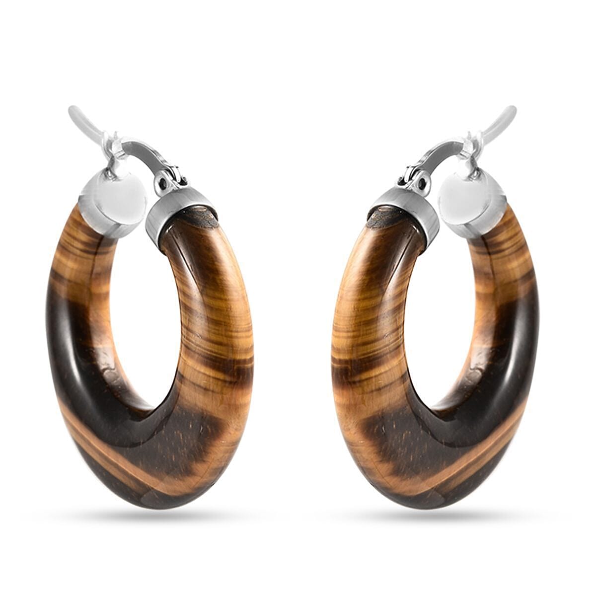 shop lc Yellow Tiger's Eye 47.00 ctw Hoop Earrings in Stainless Steel