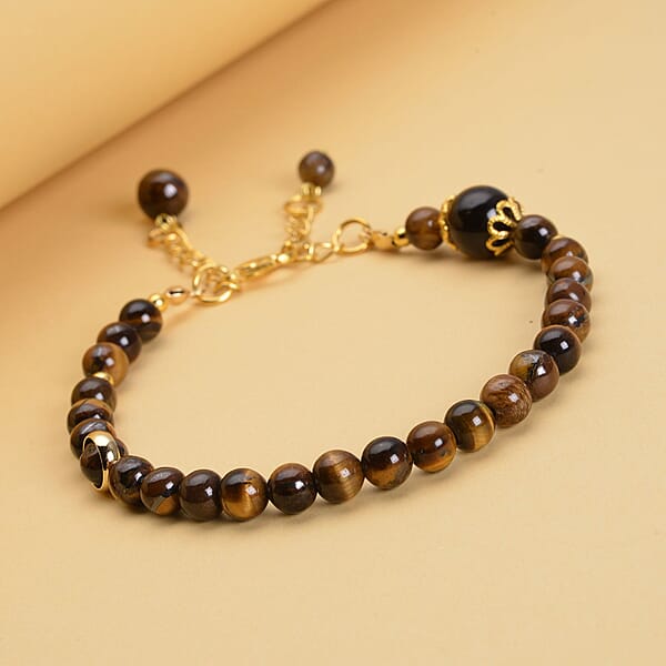 Shop Lc Yellow Tiger's Eye 56.50 Ctw 6-10mm Beaded Anklet In Goldtone (8-9.5In)
