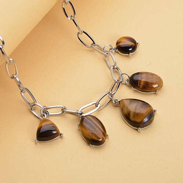 Shop Lc Yellow Tiger's Eye 66.00 Ctw Five Stone Pendant Necklace In Silvertone And Stainless Steel 19.5-21.5 Inches Tarnish-Free Waterproof Sweat Proof Jewelry