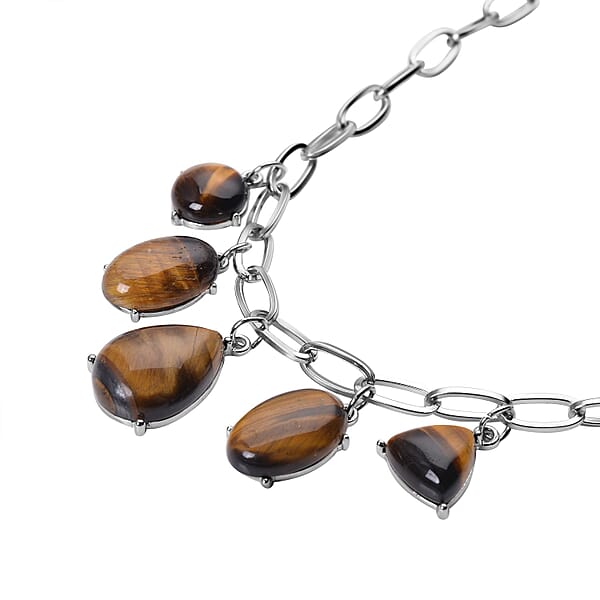 Shop Lc Yellow Tiger's Eye 66.00 Ctw Five Stone Pendant Necklace In Silvertone And Stainless Steel 19.5-21.5 Inches Tarnish-Free Waterproof Sweat Proof Jewelry