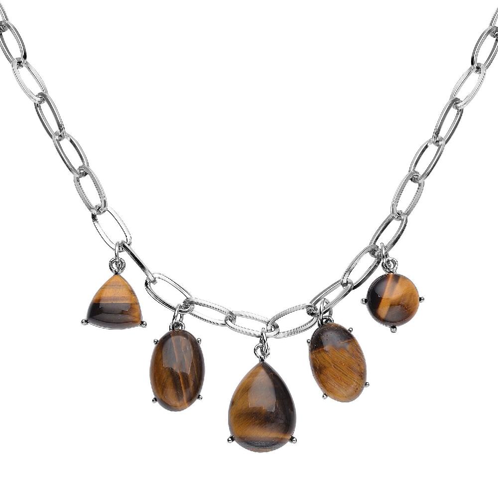 shop lc Yellow Tiger's Eye 66.00 ctw Five Stone Pendant Necklace in Silvertone and Stainless Steel 19.5-21.5 Inches Tarnish-Free Waterproof Sweat Proof Jewelry
