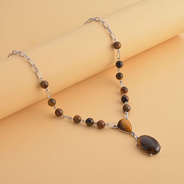 Shop Lc Yellow Tiger's Eye 70.00 Ctw Necklace In Silvertone 18-20 Inches