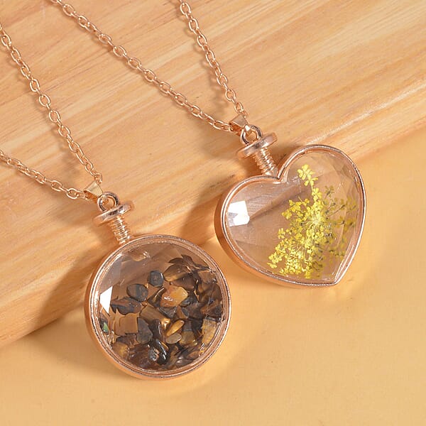 Shop Lc Yellow Tiger's Eye And Glass 2.50 Ctw Set Of 2 Nature And Earth Pendant Necklace In Rosetone 24 Inches