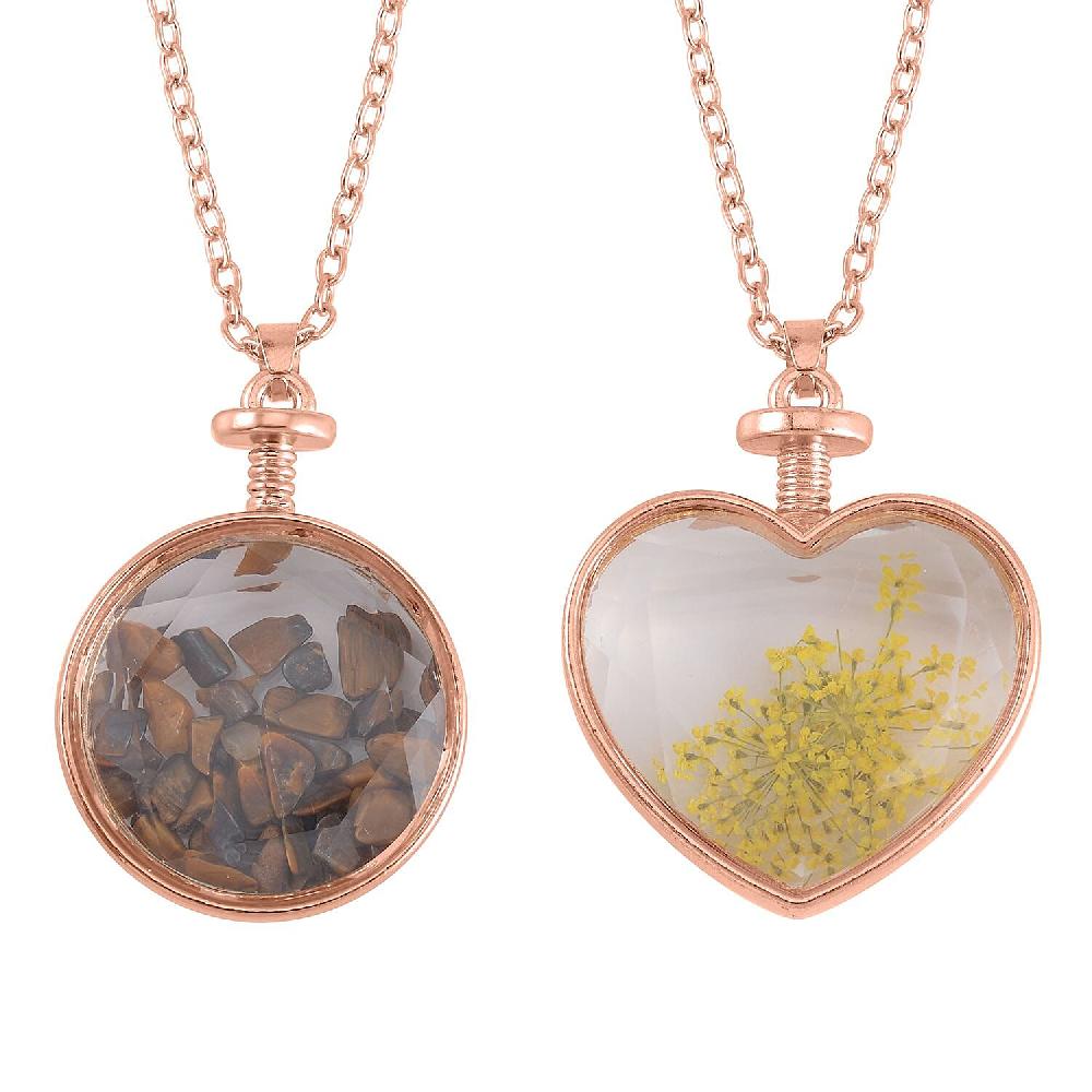 shop lc Yellow Tiger's Eye and Glass 2.50 ctw Set of 2 Nature and Earth Pendant Necklace in Rosetone 24 Inches