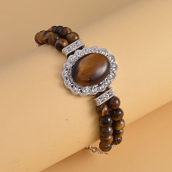 Shop Lc Yellow Tiger's Eye Beaded Bracelet In Silvertone 45.00 Ctw (6.50-8.00In)